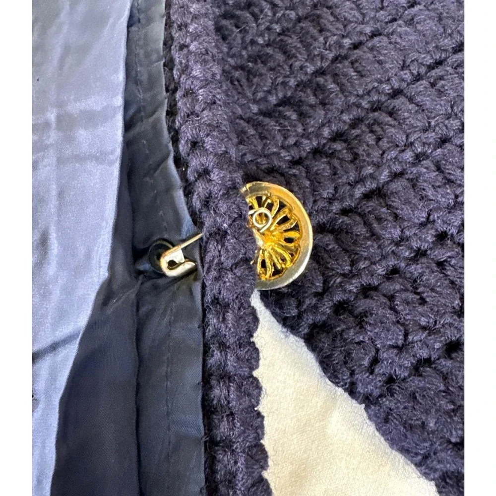 Vintage Hand Knit Navy Blue Coat Women's Small Lined Gold Buttons Artisan